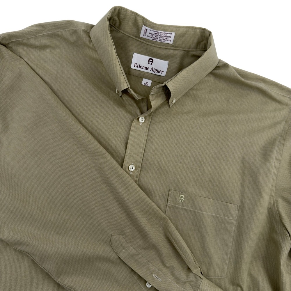 Etienne Aigner Button Down Shirt Olive Green Long Sleeve Logo Pocket 18‎ 34/35